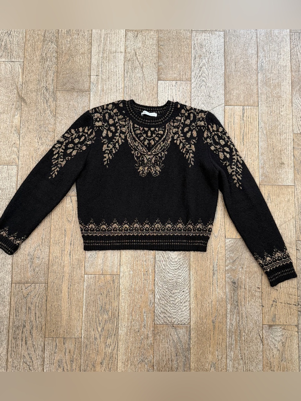 Zara Metallic Thread Jacquard Knit Sweater Black Gold Baroque Holiday Holiday L